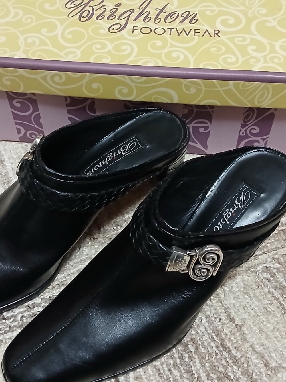 Brighton TAPA Black Leather Mules Slip On Shoes New Size 8